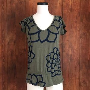 American Eagle Olive Green Top With Navy Flowers